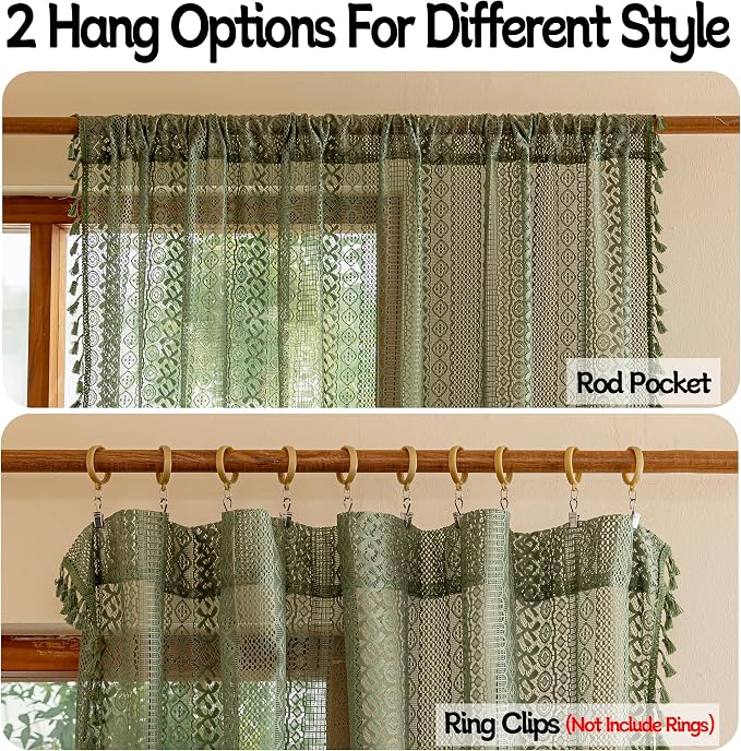 Sutuo Home Olive Green Boho Curtains 96 inches Long for Living Room Bedroom,Crochet Lace Sheer Bohemian Hollow Knitted Handmade Tassels, Vintage Farmhouse Xmas Decor, 1 Panel 59" W x 96" L