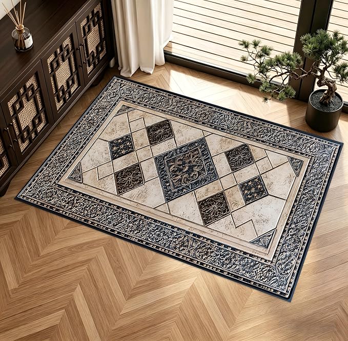 Vintage Geometric Mosaic Rug 15.7x23.6 Inch, Faux Cashmere Non Slip Small Area Rug, Decorative Indoor Floor Mat for Entryway Bedroom Kitchen (Geometric Grid, 15.7x23.6inch)