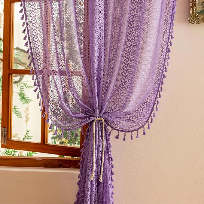 Sutuo Home Lavendar Boho Lace Curtains for Kitchen Kid's Room, Semi Sheer Macrame Bohemian Cottagecore Farmhouse Fringes Crochet Vintage Chic Window Treatment Drapes, Rod Pocket 1 Panel 59" W x 63" L