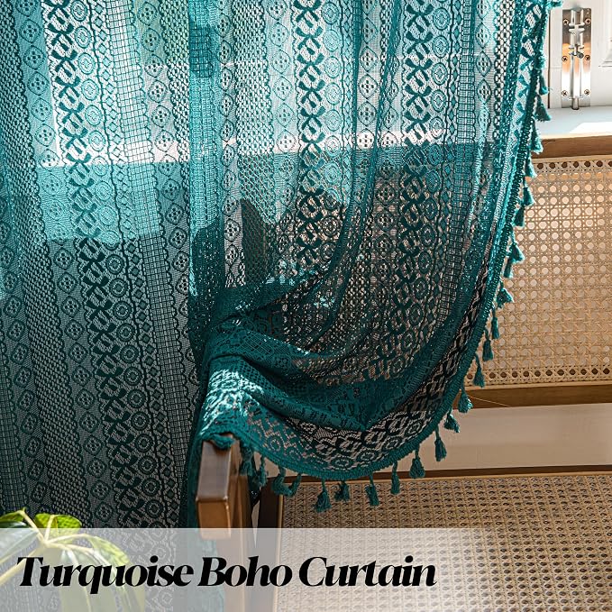 Sutuo Home Boho Curtains 72 inches Long for Bedroom Living Room, Crochet Lace Sheer Bohemian Hollow Knitted with Tassels, Rod Pocket Window Treatment Drapes, 1 Panel 59" W x 72" L, Turquoise