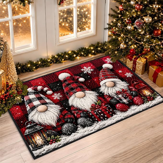 Christmas Gnome Area Rug 15.7x23.6 Inch, Faux Cashmere Non Slip Floor Mat, Red Black Plaid Holiday Rug for Entryway Bedroom Kitchen (Three Gnomes, 15.7x23.6inch)