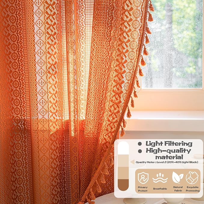 Sutuo Home Boho Curtains 72 inches Long for Bedroom Living Room, Crochet Country Lace Sheer Bohemian Hollow Knitted with Tassels,Window Treatment Drapes, Rod Pocket 1 Panel 59" W x 72" L,Burnt Orange