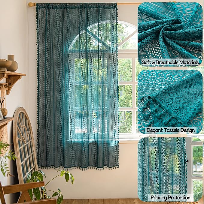 Sutuo Home Boho Curtains 72 inches Long for Bedroom Living Room, Crochet Lace Sheer Bohemian Hollow Knitted with Tassels, Rod Pocket Window Treatment Drapes, 1 Panel 59" W x 72" L, Turquoise